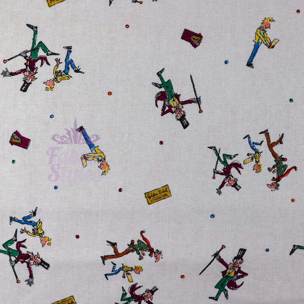 FS976_1 Charlie & The Chocolate Factory Scene | Fabric | blue, Brand, Branded, Charlie, Charlie and the chocolate factory, Children, Chocolate, Cotton, Cotton SALE, drape, Fabric, Factory, fashion fabric, Golden Ticket, Kids, Light blue, making, Roald Dahl, Royal, Royal Blue, sewing, Skirt, sweet, sweets, ticket, willy wonka | Fabric Styles