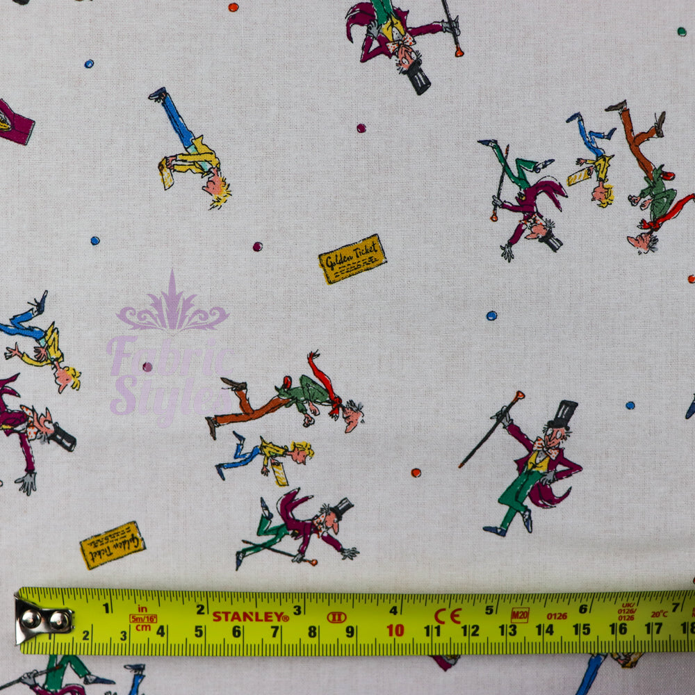 FS976_1 Charlie & The Chocolate Factory Scene | Fabric | blue, Brand, Branded, Charlie, Charlie and the chocolate factory, Children, Chocolate, Cotton, Cotton SALE, drape, Fabric, Factory, fashion fabric, Golden Ticket, Kids, Light blue, making, Roald Dahl, Royal, Royal Blue, sewing, Skirt, sweet, sweets, ticket, willy wonka | Fabric Styles