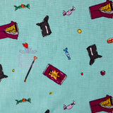 FS976_2 Charlie & The Chocolate Factory Sweets | Fabric | blue, Brand, Branded, Children, Cotton, Cotton SALE, drape, Fabric, fashion fabric, Kids, Light blue, making, Rabbit, Roald Dahl, Sale, sewing, Skirt, willy wonka | Fabric Styles