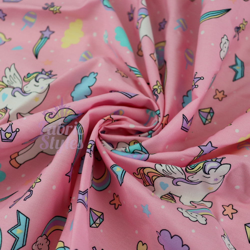 FS980 Pink Unicorn Polycotton | Fabric | Castle, Children, Colourful, drape, Fabric, fashion fabric, Kids, making, Navy, Pink, Poly, Poly Cotton, Princess, Rose, sewing, Skirt, Unicorn, White | Fabric Styles