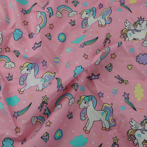 FS980 Pink Unicorn Polycotton | Fabric | Castle, Children, Colourful, drape, Fabric, fashion fabric, Kids, making, Navy, Pink, Poly, Poly Cotton, Princess, Rose, sewing, Skirt, Unicorn, White | Fabric Styles