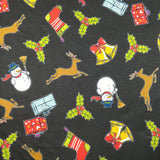 FS151 Snowman Bells Print Black Spun Polyester Knit Stretch Fabric Black | Fabric | Bell, Bells, Christmas, fabric, Gift, Holly, jersey, polyester, Present, presents, Reindeer, santa, sledge, snowflakes, snowman, spun polyester, Spun Polyester Elastane, xmas | Fabric Styles