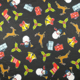 FS151 Snowman Bells Print Black Spun Polyester Knit Stretch Fabric Black | Fabric | Bell, Bells, Christmas, fabric, Gift, Holly, jersey, polyester, Present, presents, Reindeer, santa, sledge, snowflakes, snowman, spun polyester, Spun Polyester Elastane, xmas | Fabric Styles