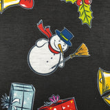 FS151 Snowman Bells Print Black Spun Polyester Knit Stretch Fabric Black | Fabric | Bell, Bells, Christmas, fabric, Gift, Holly, jersey, polyester, Present, presents, Reindeer, santa, sledge, snowflakes, snowman, spun polyester, Spun Polyester Elastane, xmas | Fabric Styles