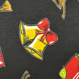 FS151 Snowman Bells Print Black Spun Polyester Knit Stretch Fabric Black | Fabric | Bell, Bells, Christmas, fabric, Gift, Holly, jersey, polyester, Present, presents, Reindeer, santa, sledge, snowflakes, snowman, spun polyester, Spun Polyester Elastane, xmas | Fabric Styles
