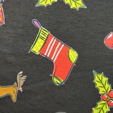 FS151 Snowman Bells Print Black Spun Polyester Knit Stretch Fabric Black | Fabric | Bell, Bells, Christmas, fabric, Gift, Holly, jersey, polyester, Present, presents, Reindeer, santa, sledge, snowflakes, snowman, spun polyester, Spun Polyester Elastane, xmas | Fabric Styles