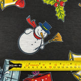 FS151 Snowman Bells Print Black Spun Polyester Knit Stretch Fabric Black | Fabric | Bell, Bells, Christmas, fabric, Gift, Holly, jersey, polyester, Present, presents, Reindeer, santa, sledge, snowflakes, snowman, spun polyester, Spun Polyester Elastane, xmas | Fabric Styles