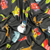 FS151 Snowman Bells Print Black Spun Polyester Knit Stretch Fabric Black | Fabric | Bell, Bells, Christmas, fabric, Gift, Holly, jersey, polyester, Present, presents, Reindeer, santa, sledge, snowflakes, snowman, spun polyester, Spun Polyester Elastane, xmas | Fabric Styles