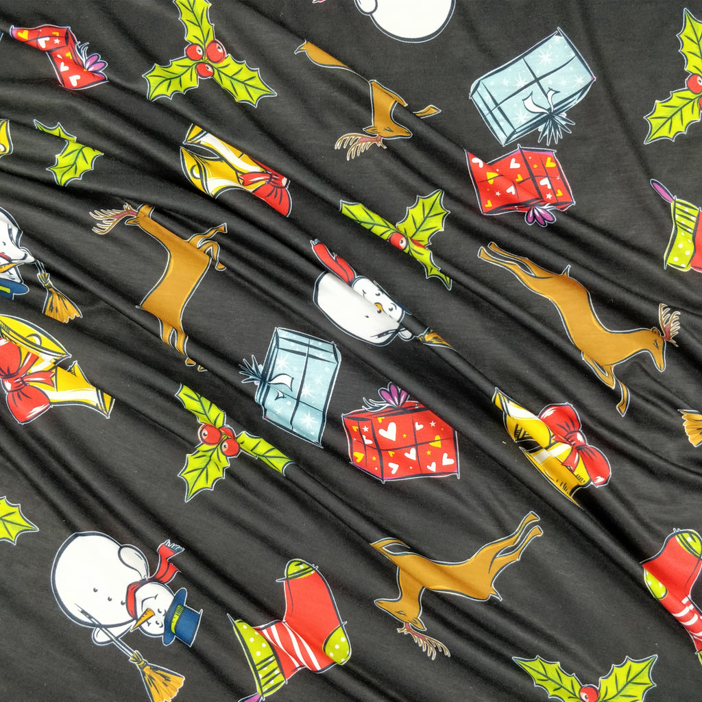 FS151 Snowman Bells Print Black Spun Polyester Knit Stretch Fabric Black | Fabric | Bell, Bells, Christmas, fabric, Gift, Holly, jersey, polyester, Present, presents, Reindeer, santa, sledge, snowflakes, snowman, spun polyester, Spun Polyester Elastane, xmas | Fabric Styles