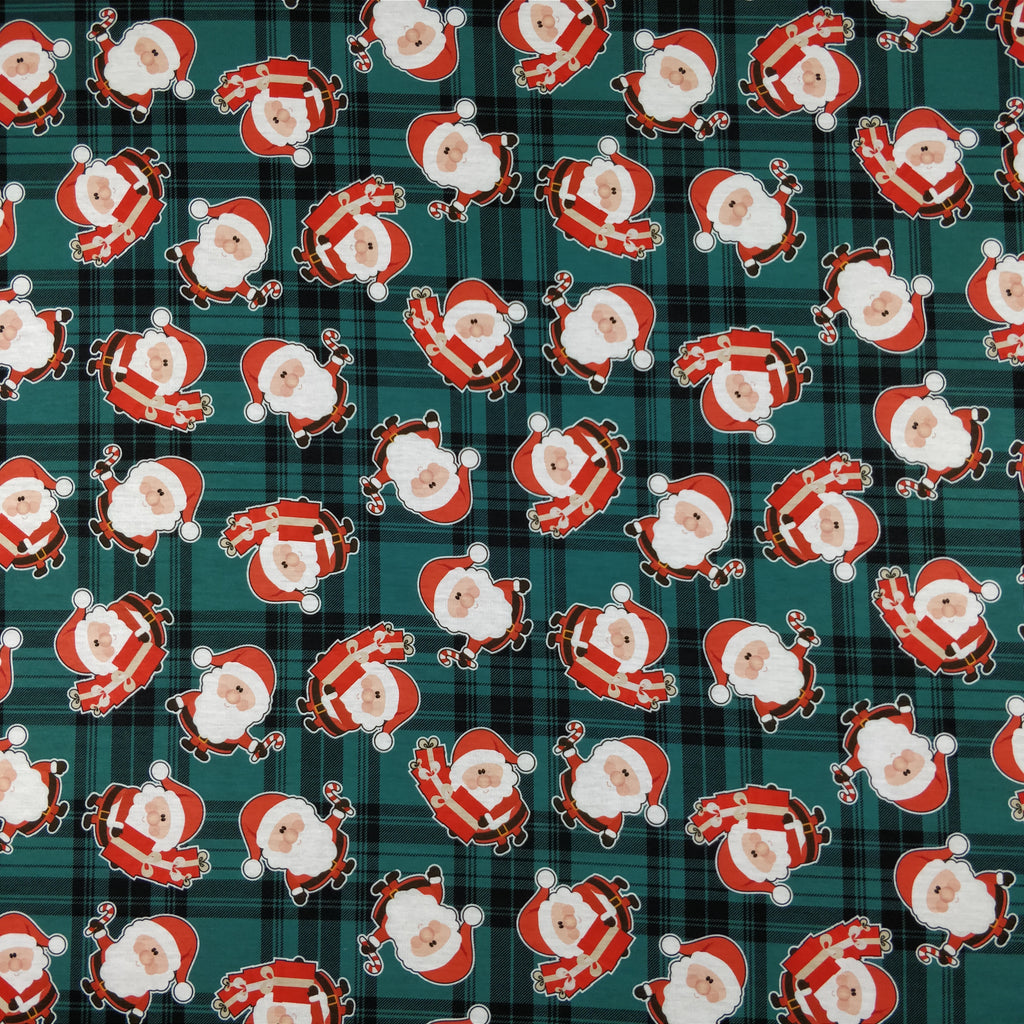 FS079_2 Christmas Tartan Santa Spun Polyester Jersey Knit Stretch Fabric Green | Fabric | Christmas, fabric, Green, jersey, polyester, presents, santa, Santa Clause, snowflakes, Soft, spun polyester, Spun Polyester Elastane, Tartan, Teal, xmas | Fabric Styles