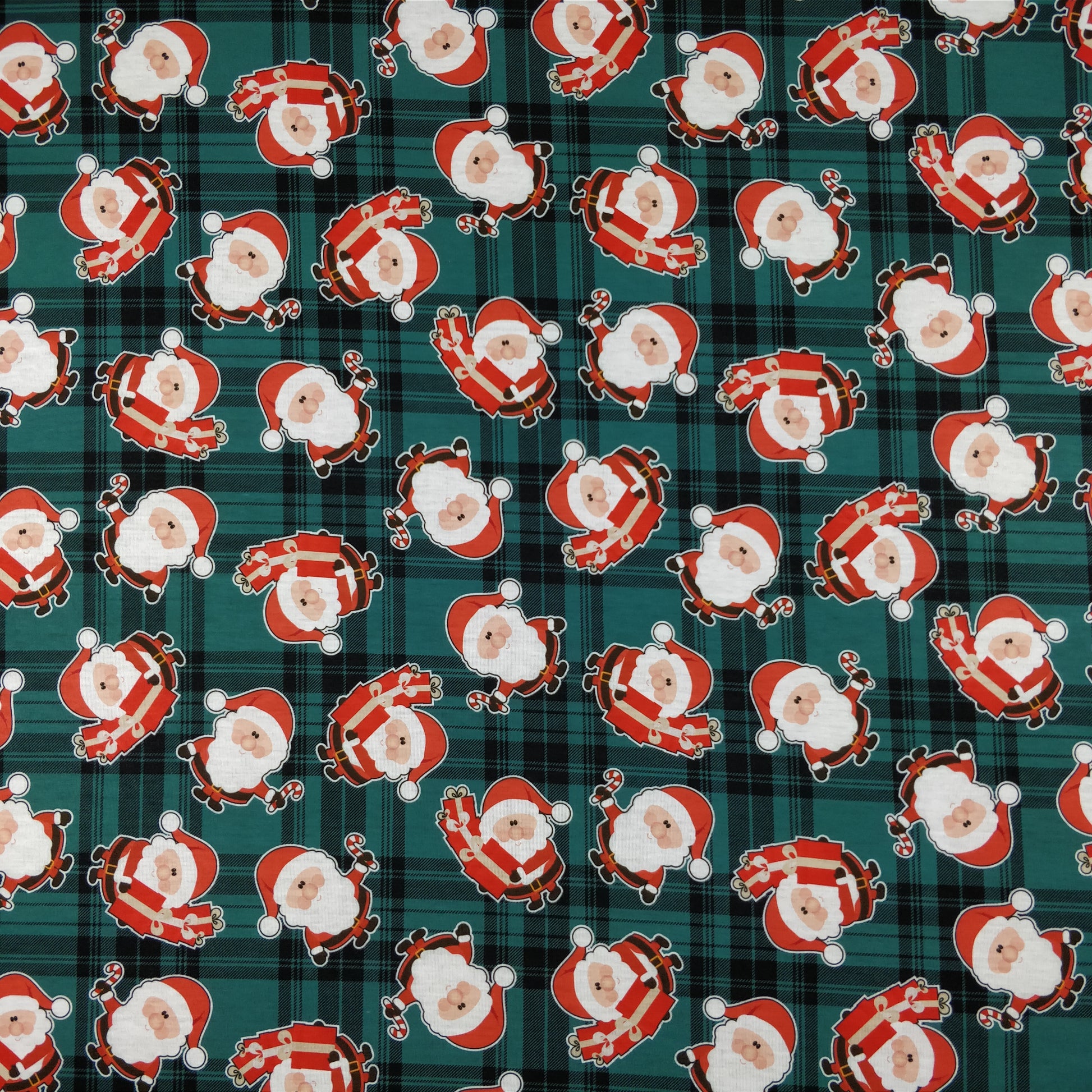 FS079_2 Christmas Tartan Santa Spun Polyester Jersey Knit Stretch Fabric Green | Fabric | Christmas, fabric, Green, jersey, polyester, presents, santa, Santa Clause, snowflakes, Soft, spun polyester, Spun Polyester Elastane, Tartan, Teal, xmas | Fabric Styles