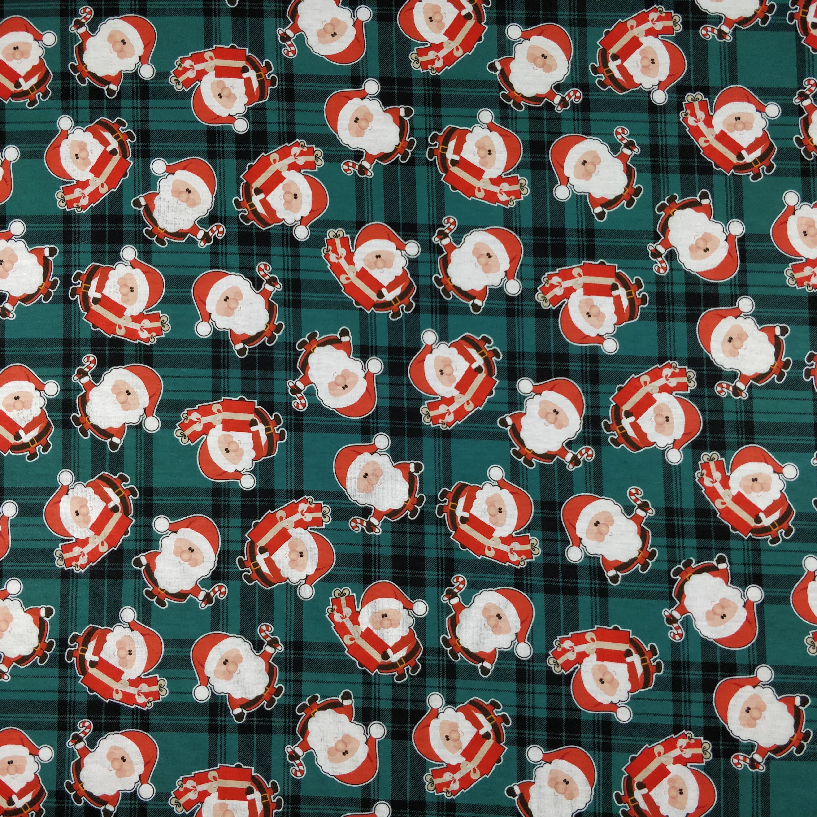 FS079_2 Christmas Tartan Santa Spun Polyester Jersey Knit Stretch Fabric Green | Fabric | Christmas, fabric, Green, jersey, polyester, presents, santa, Santa Clause, snowflakes, Soft, spun polyester, Spun Polyester Elastane, Tartan, Teal, xmas | Fabric Styles