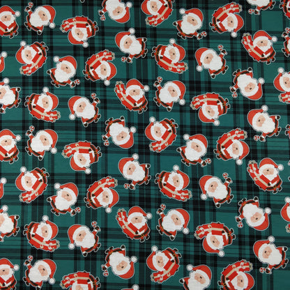 FS079_2 Christmas Tartan Santa Spun Polyester Jersey Knit Stretch Fabric Green | Fabric | Christmas, fabric, Green, jersey, polyester, presents, santa, Santa Clause, snowflakes, Soft, spun polyester, Spun Polyester Elastane, Tartan, Teal, xmas | Fabric Styles