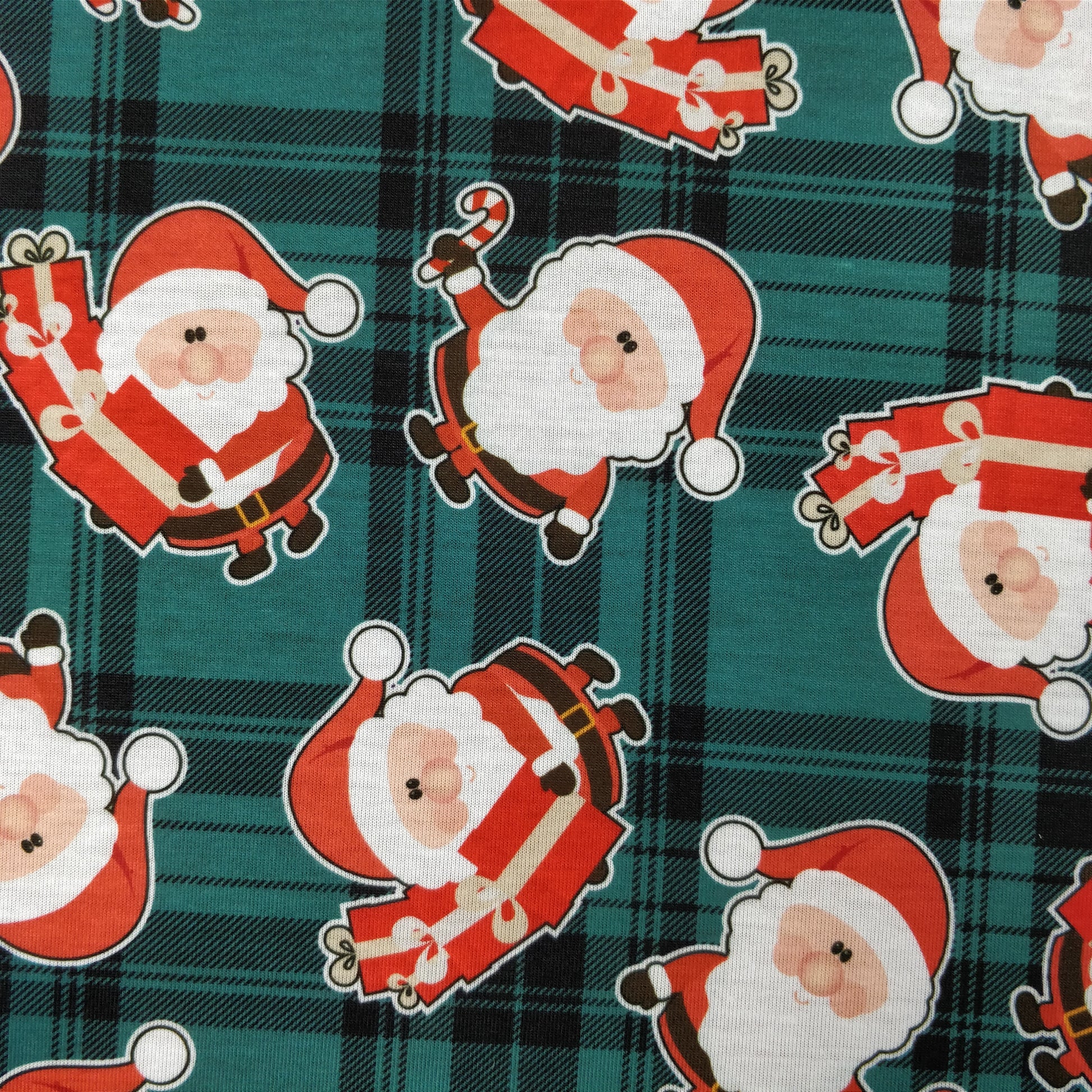 FS079_2 Christmas Tartan Santa Spun Polyester Jersey Knit Stretch Fabric Green | Fabric | Christmas, fabric, Green, jersey, polyester, presents, santa, Santa Clause, snowflakes, Soft, spun polyester, Spun Polyester Elastane, Tartan, Teal, xmas | Fabric Styles