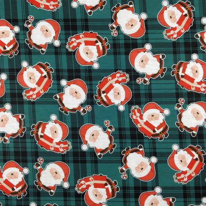 FS079_2 Christmas Tartan Santa Spun Polyester Jersey Knit Stretch Fabric Green | Fabric | Christmas, fabric, Green, jersey, polyester, presents, santa, Santa Clause, snowflakes, Soft, spun polyester, Spun Polyester Elastane, Tartan, Teal, xmas | Fabric Styles
