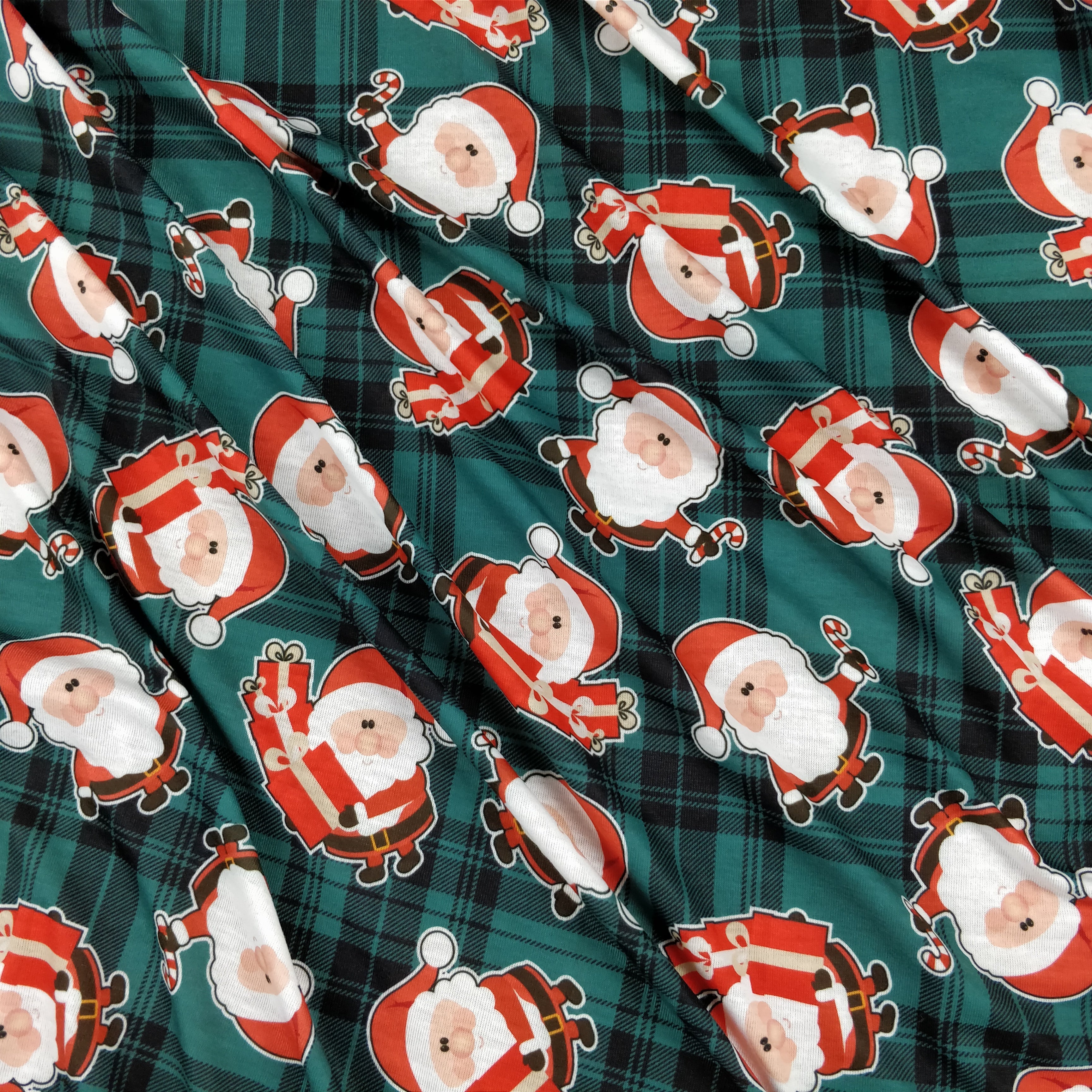 FS079_2 Christmas Tartan Santa Spun Polyester Jersey Knit Stretch Fabric Green | Fabric | Christmas, fabric, Green, jersey, polyester, presents, santa, Santa Clause, snowflakes, Soft, spun polyester, Spun Polyester Elastane, Tartan, Teal, xmas | Fabric Styles