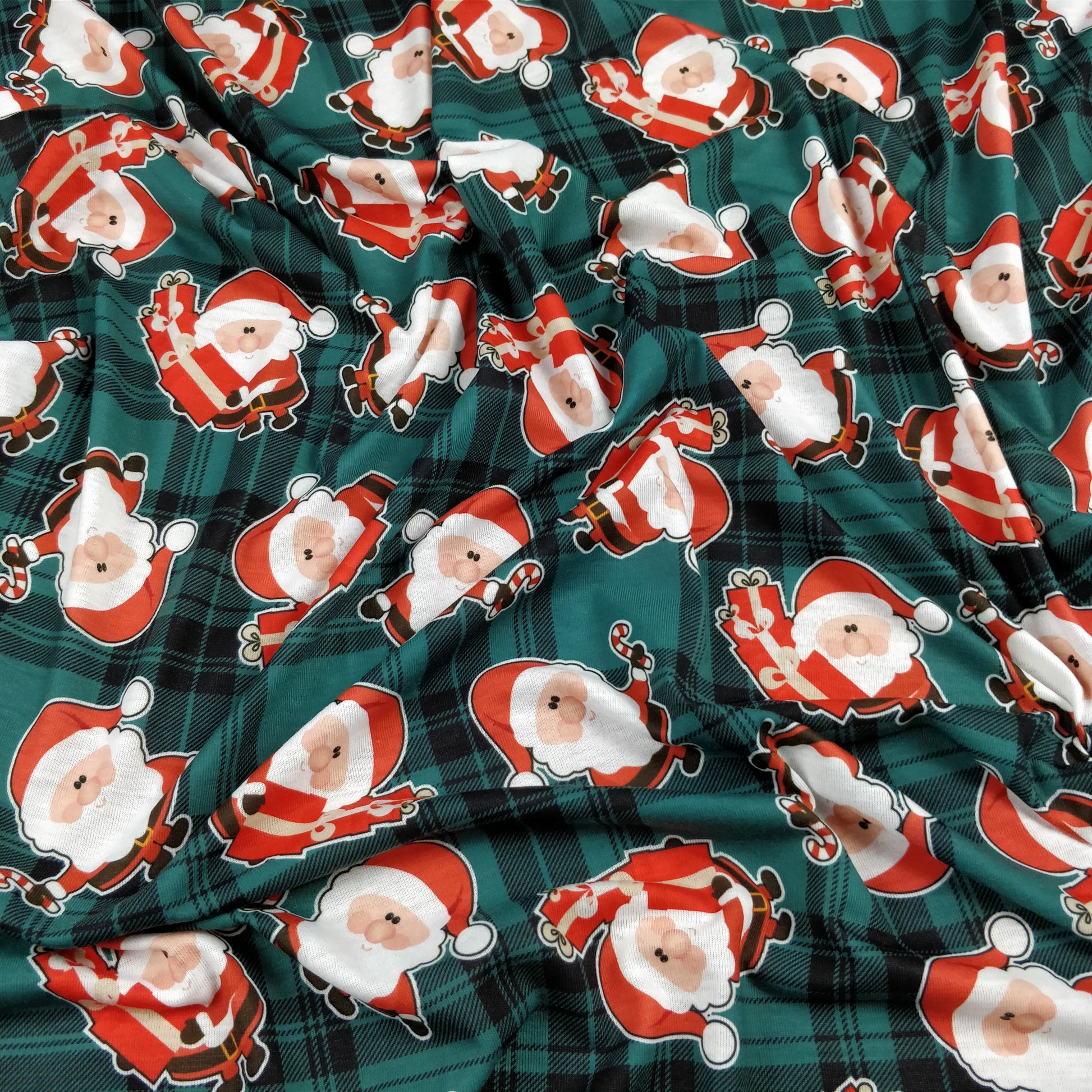 FS079_2 Christmas Tartan Santa Spun Polyester Jersey Knit Stretch Fabric Green | Fabric | Christmas, fabric, Green, jersey, polyester, presents, santa, Santa Clause, snowflakes, Soft, spun polyester, Spun Polyester Elastane, Tartan, Teal, xmas | Fabric Styles