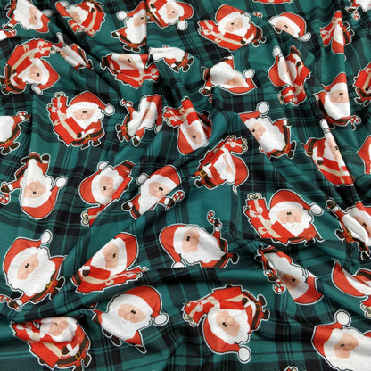 FS079_2 Christmas Tartan Santa Spun Polyester Jersey Knit Stretch Fabric Green | Fabric | Christmas, fabric, Green, jersey, polyester, presents, santa, Santa Clause, snowflakes, Soft, spun polyester, Spun Polyester Elastane, Tartan, Teal, xmas | Fabric Styles