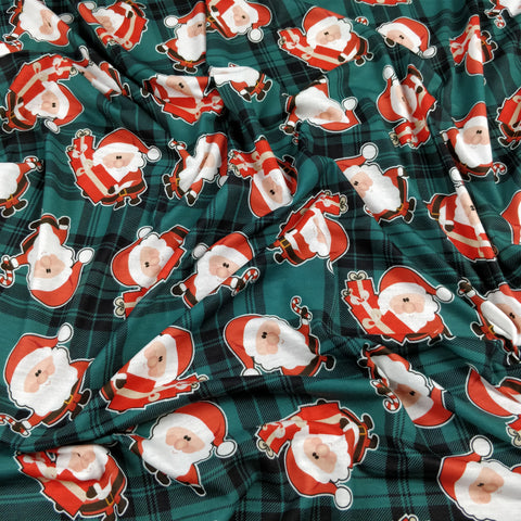 FS079_2 Christmas Tartan Santa Spun Polyester Jersey Knit Stretch Fabric Green | Fabric | Christmas, fabric, Green, jersey, polyester, presents, santa, Santa Clause, snowflakes, Soft, spun polyester, Spun Polyester Elastane, Tartan, Teal, xmas | Fabric Styles