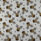 FS073_1 Christmas Rudolf Reindeer Spun Polyester Jersey Knit Stretch Fabric White | Fabric | Brown, Christmas, fabric, Ivory, jersey, Knit, polyester, Reindeer, Rudolf, Snow, Snowflake, snowflakes, Spun Polyester, Spun Polyester Elastane, White, xmas | Fabric Styles