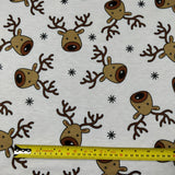 FS073_1 Christmas Rudolf Reindeer Spun Polyester Jersey Knit Stretch Fabric White | Fabric | Brown, Christmas, fabric, Ivory, jersey, Knit, polyester, Reindeer, Rudolf, Snow, Snowflake, snowflakes, Spun Polyester, Spun Polyester Elastane, White, xmas | Fabric Styles