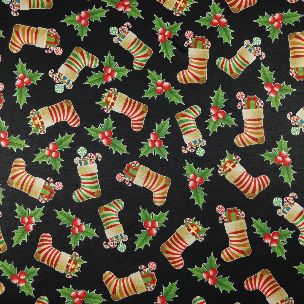 FS078 Christmas Print, Stockings Holly | Fabric | Black, candy, Christmas, fabric, Holly, jersey, polyester, presents, Sale, spun polyester, Spun Polyester Elastane, Stocking, stockings, Sweets, xmas | Fabric Styles