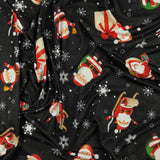 FS074 Christmas Print, Santa, Snowflakes, Sledge, Presents Spun Polyester Knit Stretch Fabric Black | Fabric | Christmas, fabric, jersey, polyester, Present, presents, rudolf, santa, Santa Clause, sledge, Snow, Snowflake, snowflakes, spun polyester, Spun Polyester Elastane, xmas | Fabric Styles