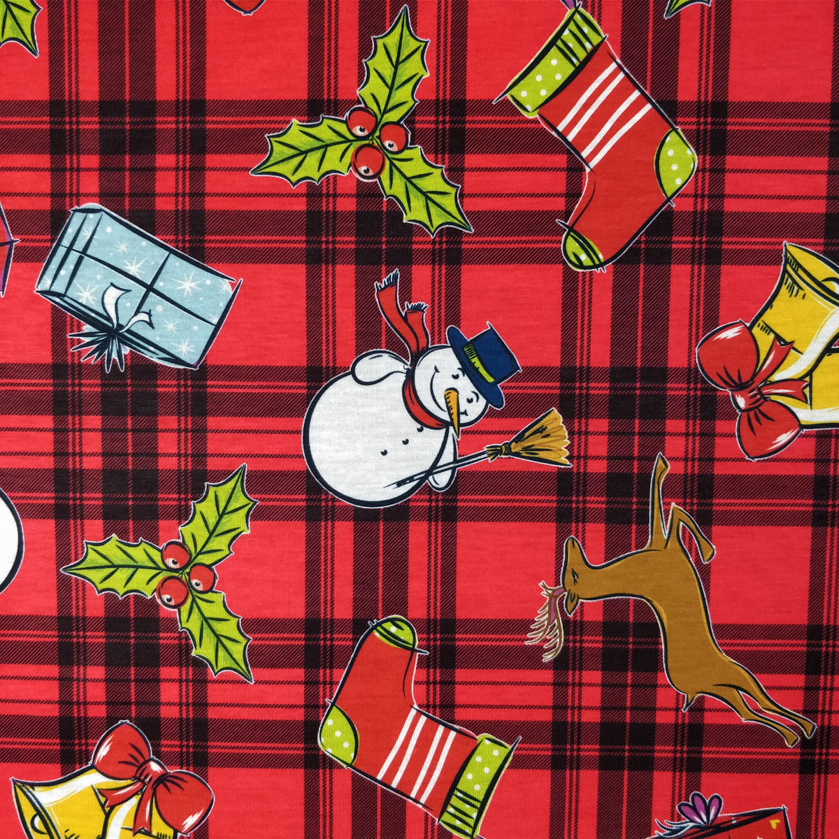 FS152 Reindeer Tartan Bells Print Black | Fabric Styles