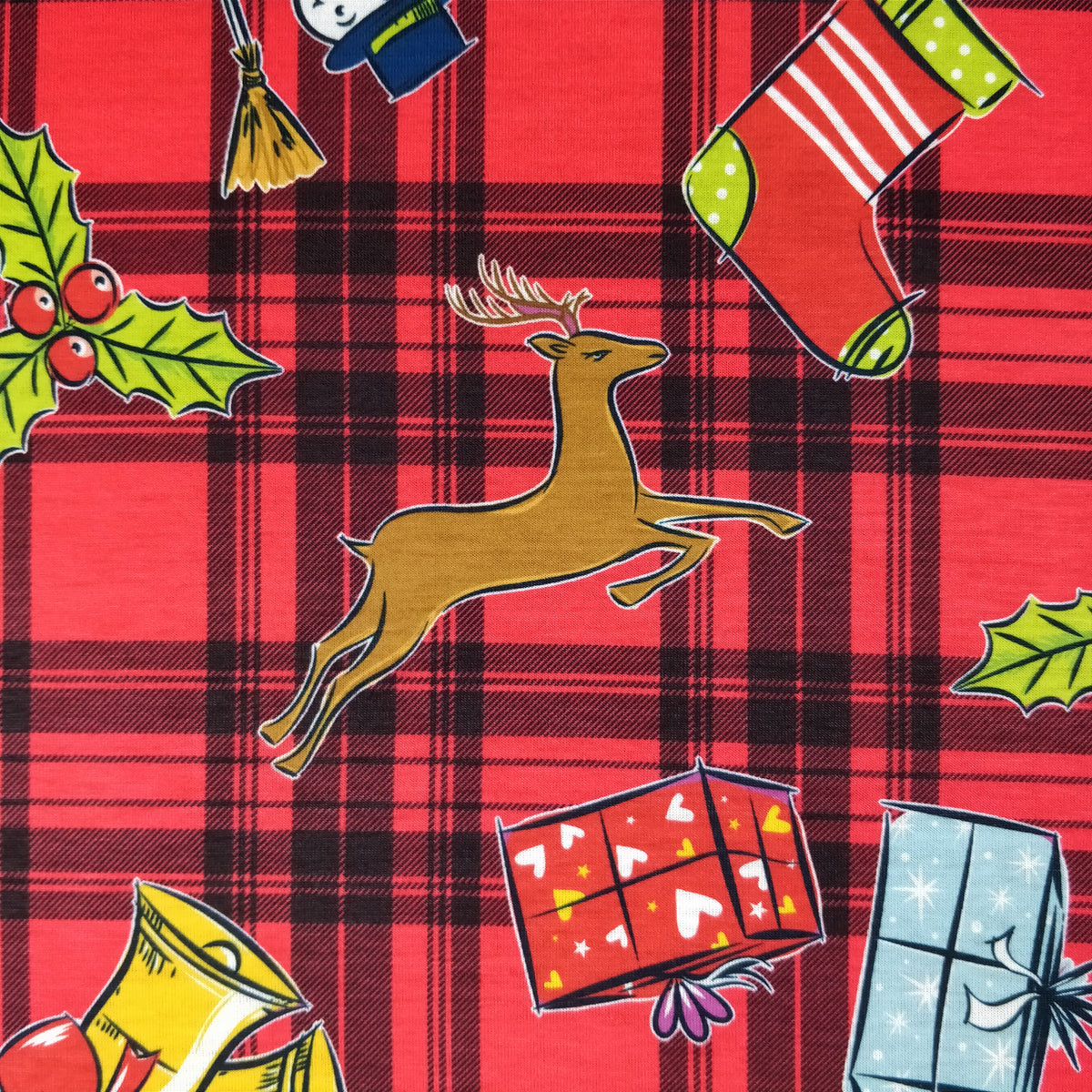 FS152 Reindeer Tartan Bells Print Black | Fabric Styles