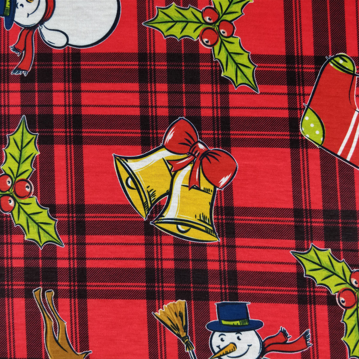 FS152 Reindeer Tartan Bells Print Black | Fabric Styles