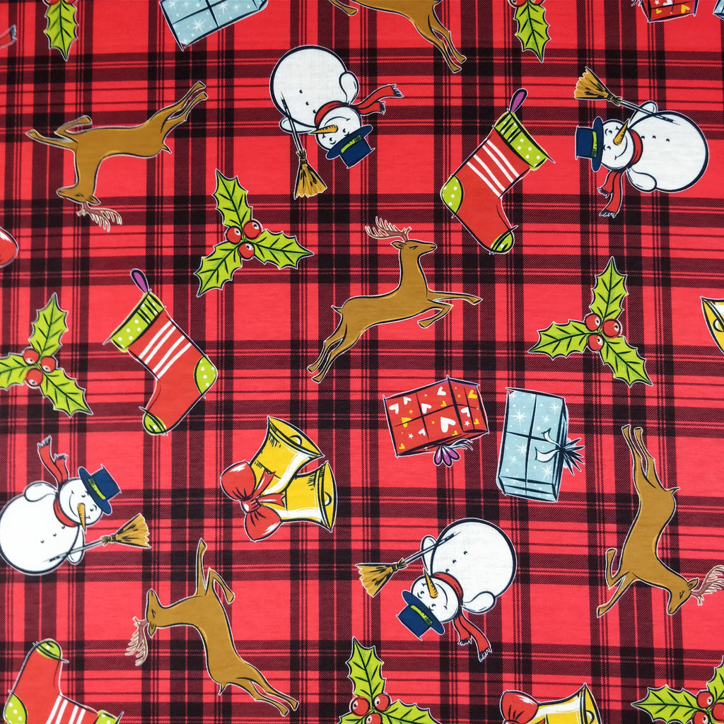 FS152 Reindeer Tartan Bells Print Black | Fabric Styles