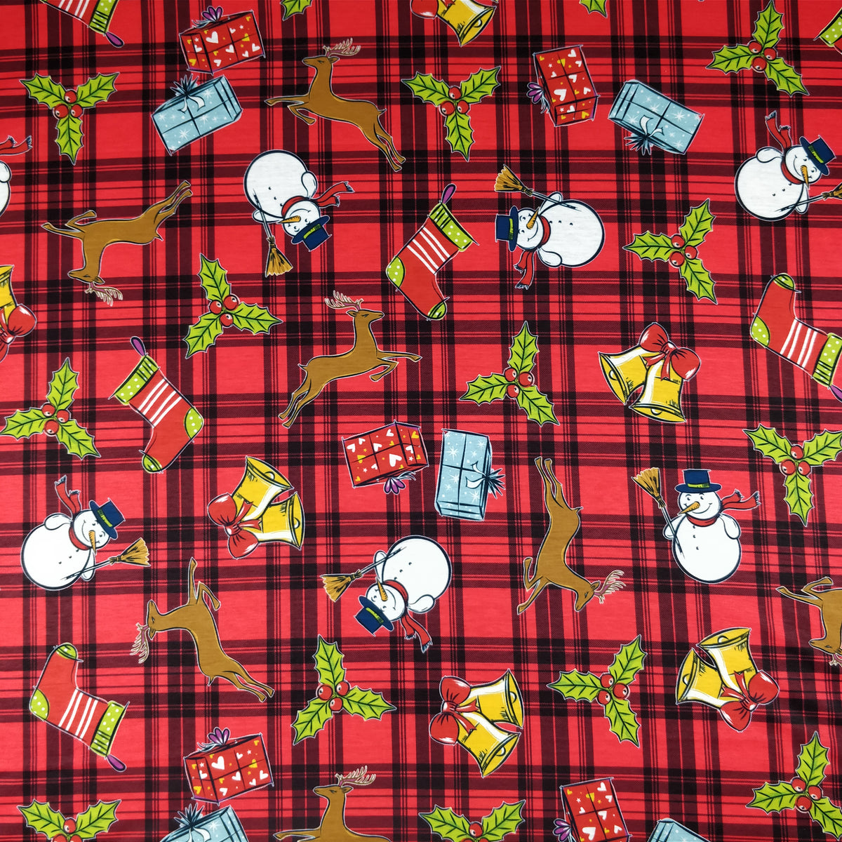FS152 Reindeer Tartan Bells Print Black | Fabric Styles