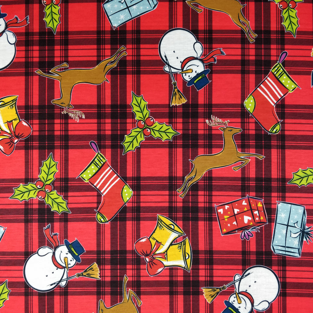 FS152 Reindeer Tartan Bells Print Black | Fabric Styles