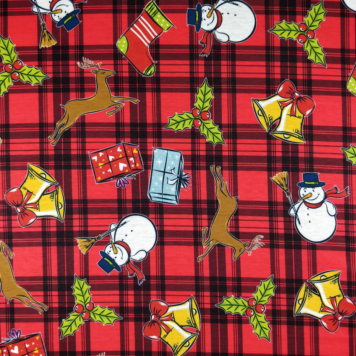 FS152 Reindeer Tartan Bells Print Black | Fabric Styles
