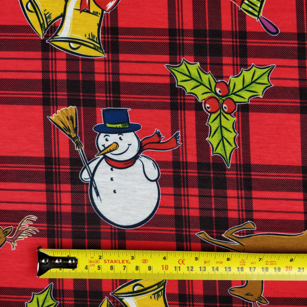 FS152 Reindeer Tartan Bells Print Black | Fabric Styles