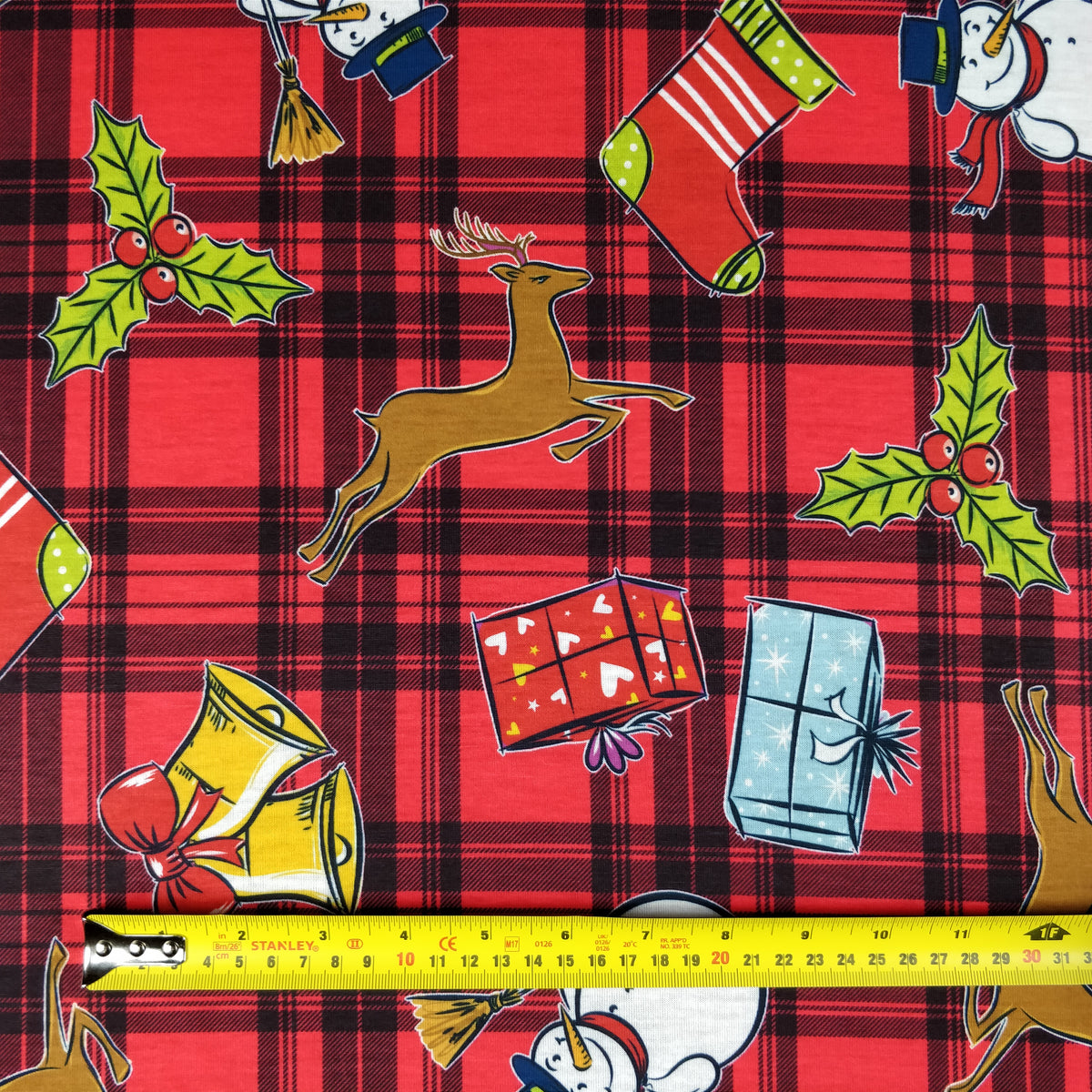 FS152 Reindeer Tartan Bells Print Black | Fabric Styles