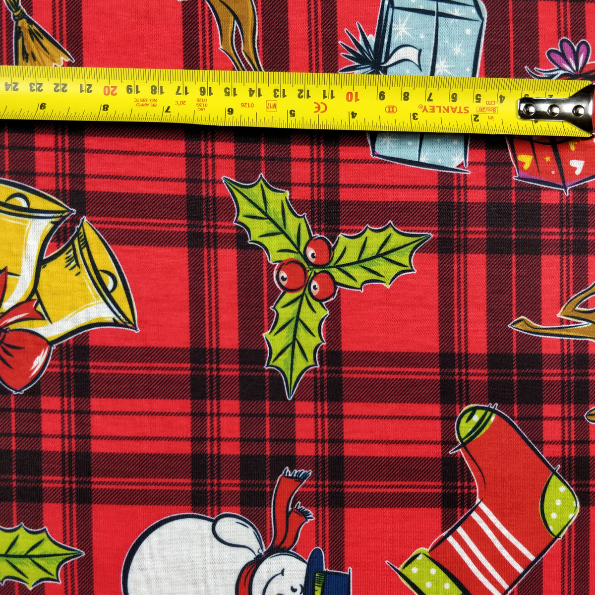 FS152 Reindeer Tartan Bells Print Black | Fabric Styles