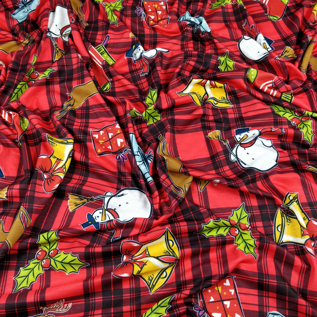 FS152 Reindeer Tartan Bells Print Black | Fabric Styles