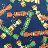 FS157 Christmas Crackers Spun Polyester Knit Stretch Fabric Navy | Fabric | Christmas, Cracker, Crackers, fabric, Green, jersey, Navy, polyester, spun polyester, xmas | Fabric Styles