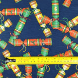 FS157 Christmas Crackers Spun Polyester Knit Stretch Fabric Navy | Fabric | Christmas, Cracker, Crackers, fabric, Green, jersey, Navy, polyester, spun polyester, xmas | Fabric Styles