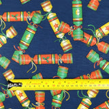 FS157 Christmas Crackers Spun Polyester Knit Stretch Fabric Navy | Fabric | Christmas, Cracker, Crackers, fabric, Green, jersey, Navy, polyester, spun polyester, xmas | Fabric Styles