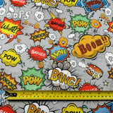 FS161 Comic Print Scuba Stretch Fabric Grey Blue Yellow White | Fabric | Bang, Blue, Boom, Comic, drape, Exclusive, Fabric, fashion fabric, Grey, jersey, making, Scuba, sewing, Stretchy, White, Yellow | Fabric Styles