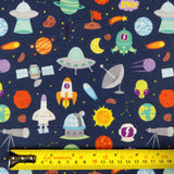 FS176 Space Theme Rockets Planets | babies, boys, children, children's, drape, Exclusive, Fabric, fashion fabric, kids, making, Navy, Planets, Rockets, Satellites, sewing, Space, Spun Polyester, Spun Polyester Elastane, Stars | Fabric Styles