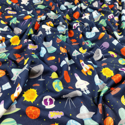 FS176 Space Theme Rockets Planets | babies, boys, children, children's, drape, Exclusive, Fabric, fashion fabric, kids, making, Navy, Planets, Rockets, Satellites, sewing, Space, Spun Polyester, Spun Polyester Elastane, Stars | Fabric Styles