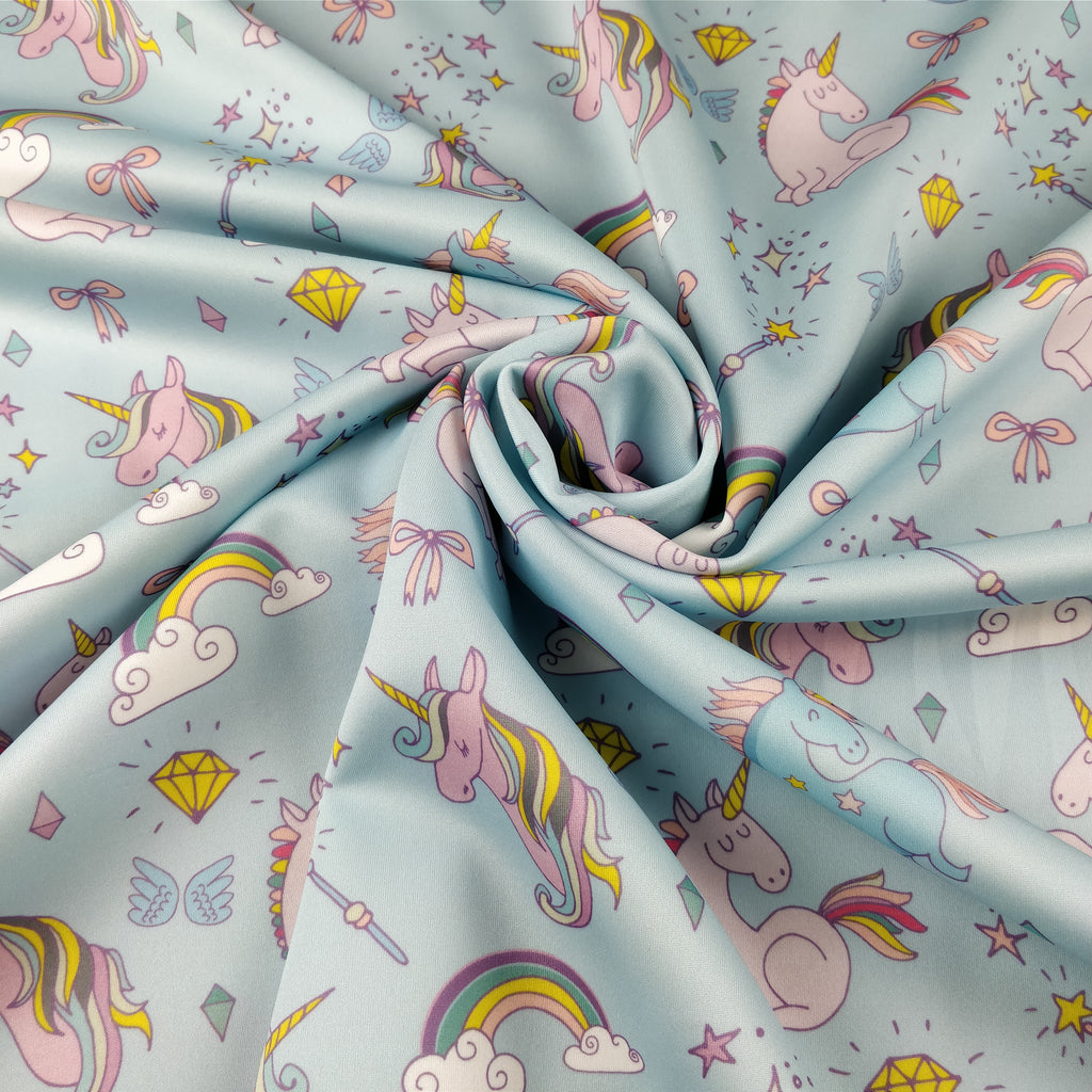 FS169 Unicorn Rainbow | Fabric | Animal, Blue, drape, Exclusive, Fabric, fashion fabric, jersey, making, Rainbow, Scuba, sewing, Stretchy, Unicorn | Fabric Styles