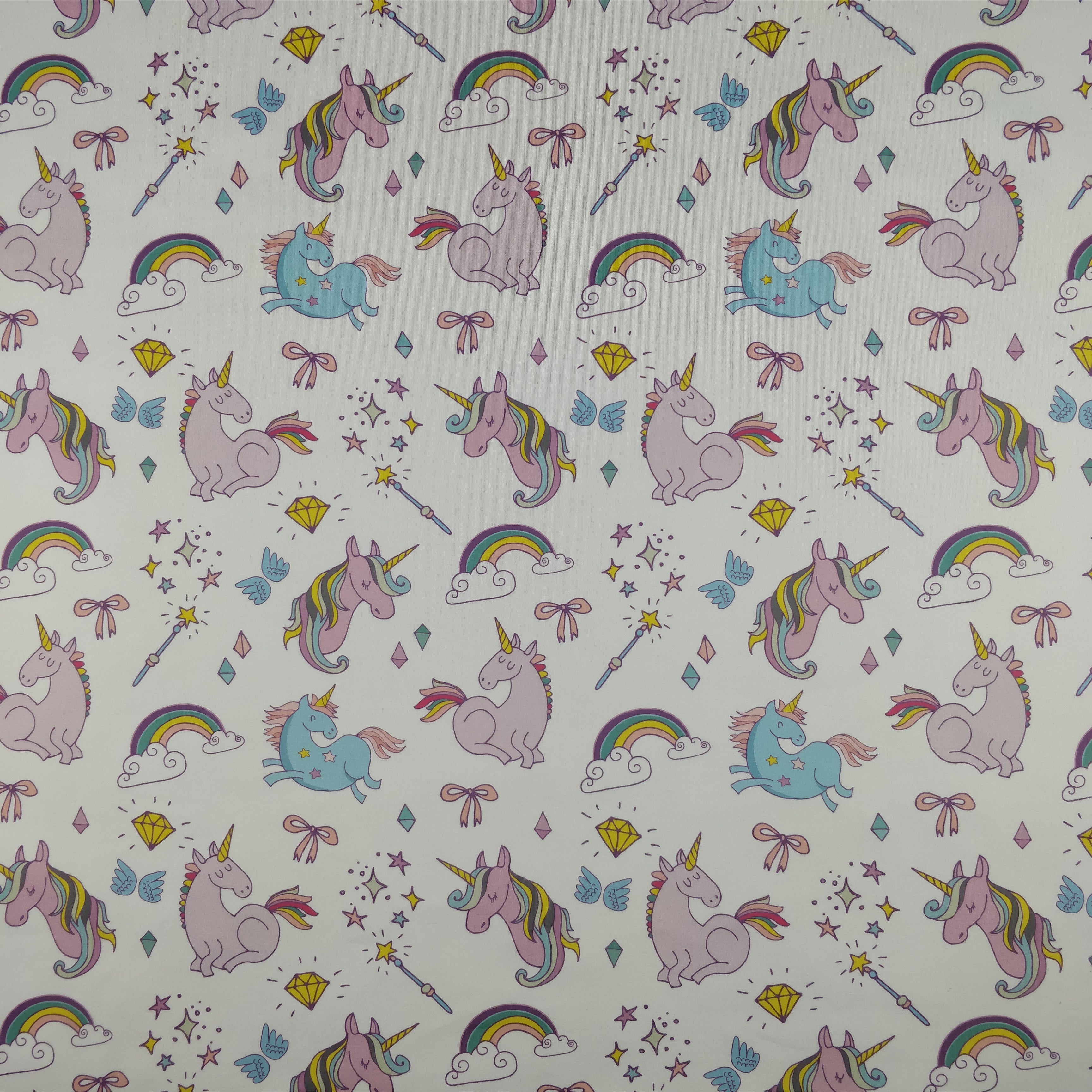 FS169 Unicorn Rainbow | Fabric | Animal, Blue, drape, Exclusive, Fabric, fashion fabric, jersey, making, Rainbow, Scuba, sewing, Stretchy, Unicorn | Fabric Styles