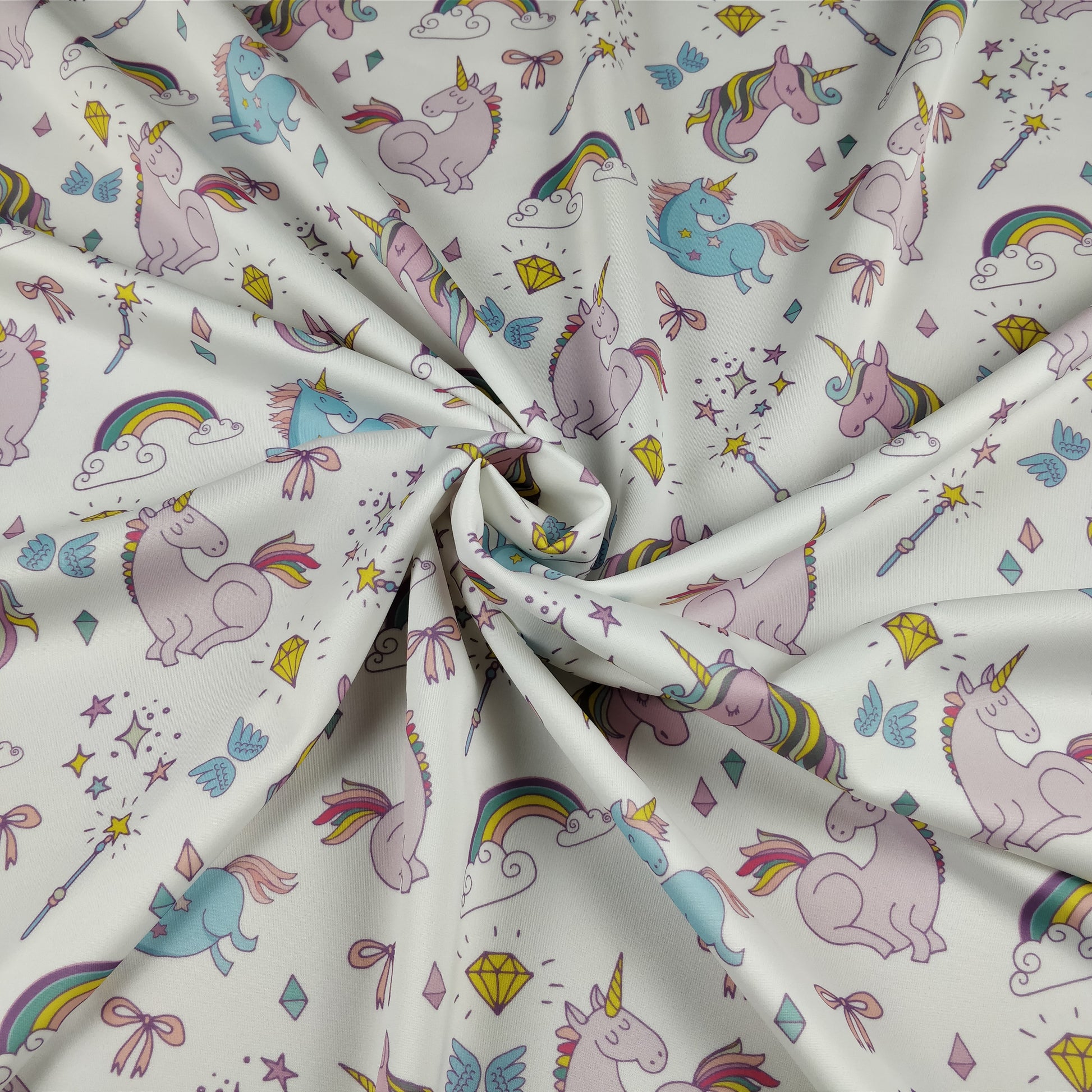 FS169 Unicorn Rainbow | Fabric | Animal, Blue, drape, Exclusive, Fabric, fashion fabric, jersey, making, Rainbow, Scuba, sewing, Stretchy, Unicorn | Fabric Styles