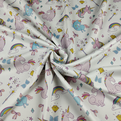 FS169 Unicorn Rainbow | Fabric | Animal, Blue, drape, Exclusive, Fabric, fashion fabric, jersey, making, Rainbow, Scuba, sewing, Stretchy, Unicorn | Fabric Styles