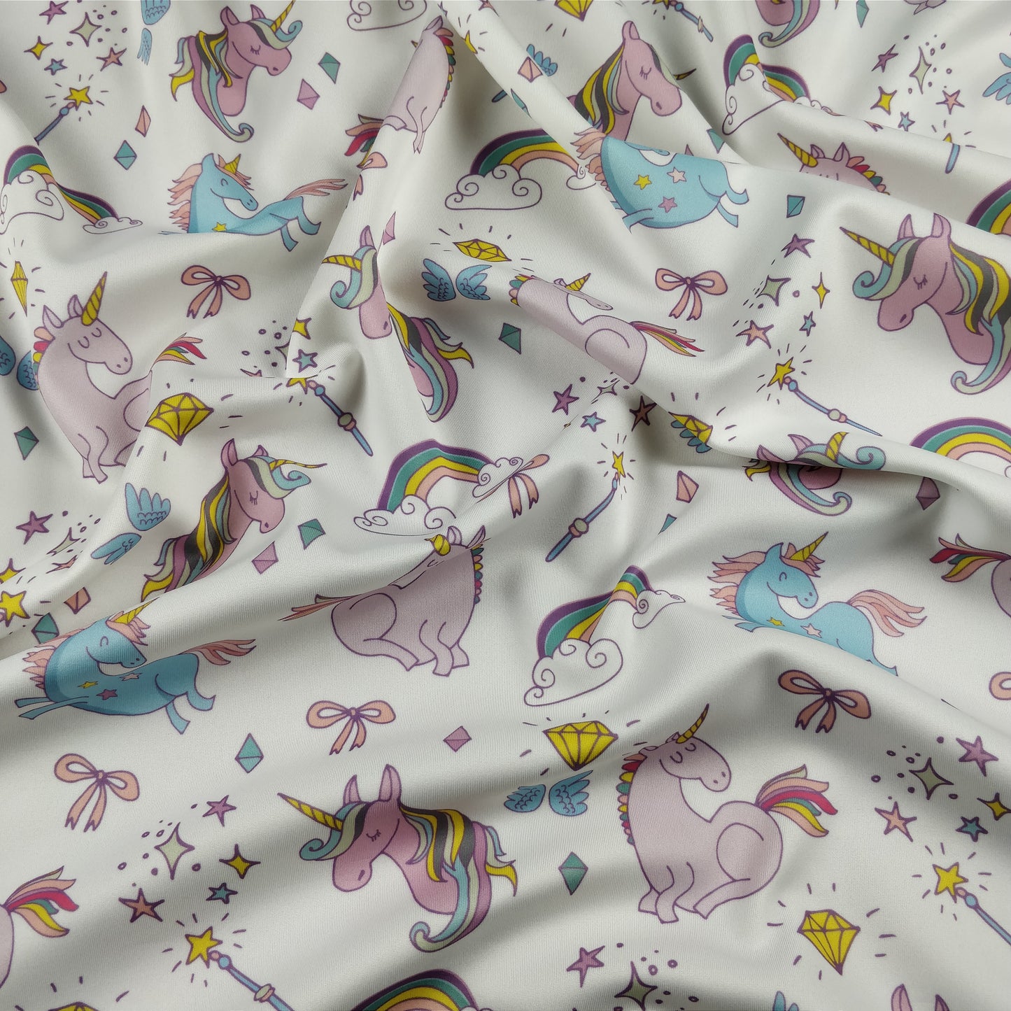 FS169 Unicorn Rainbow | Fabric | Animal, Blue, drape, Exclusive, Fabric, fashion fabric, jersey, making, Rainbow, Scuba, sewing, Stretchy, Unicorn | Fabric Styles