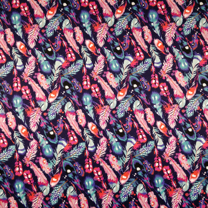 FS198_1 Blue Feathers | Fabric | drape, Dress Fabric, Dress making, Dressmaking Fabric, Exclusive, Fabric, fashion fabric, Feather, Feathers, making, Multi Colour, Multicolored, Multicoloured, Paint, Pink, Purple, Scuba, sewing | Fabric Styles
